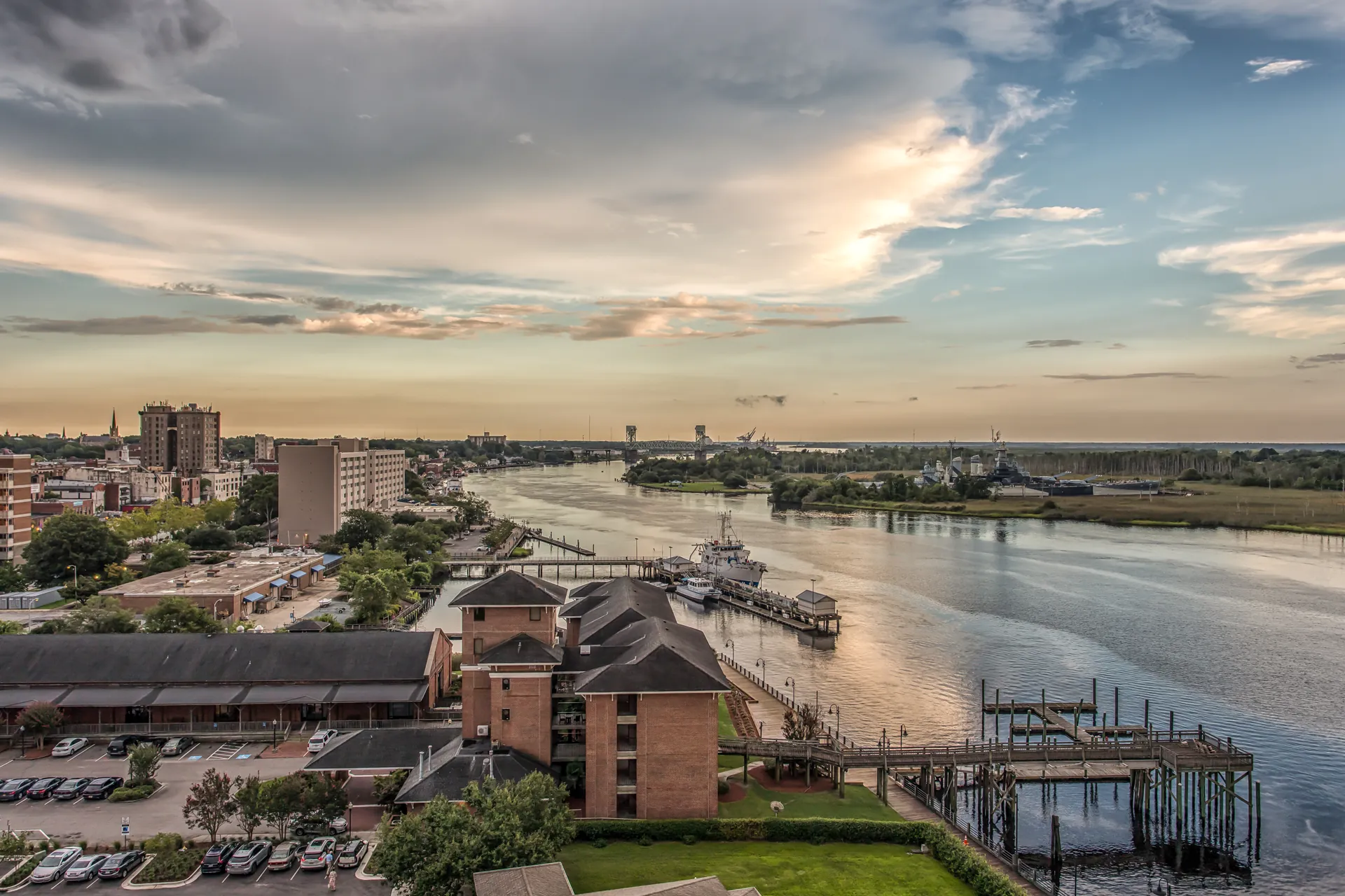 Sunset over the Cape Fear River and the downtown Wilmington waterfront